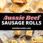 Two images of cooked sausage rolls with text overlay.