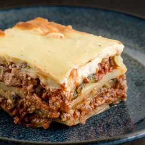 Close up of Greek moussaka with all the juicy layers.