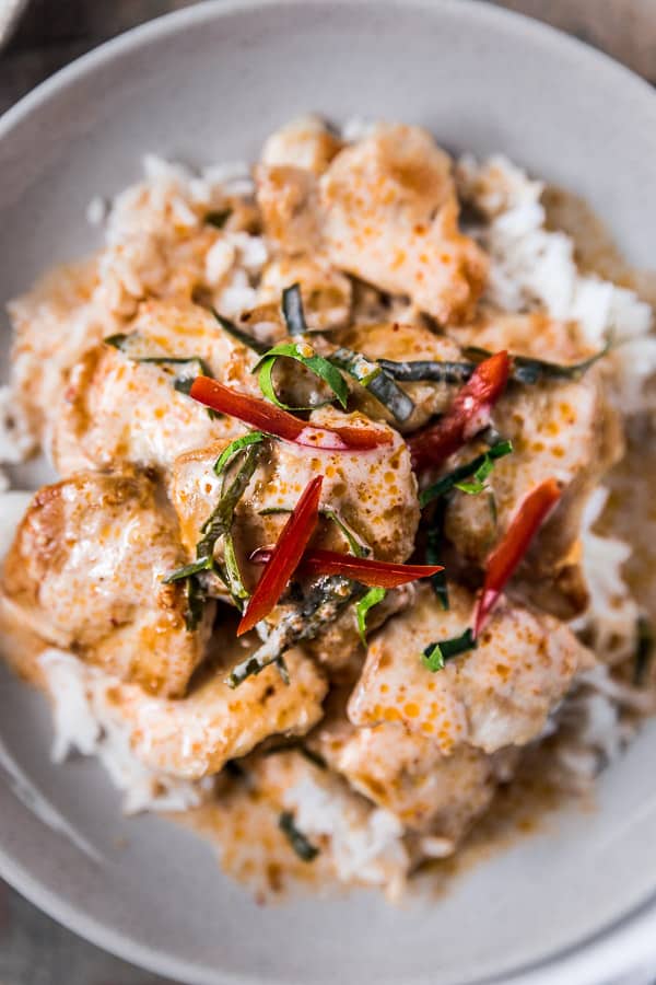 Plate of Choo Chee Chicken Curry on rice.
