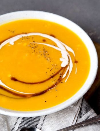 Large bowl of pumpkin soup with swirls.