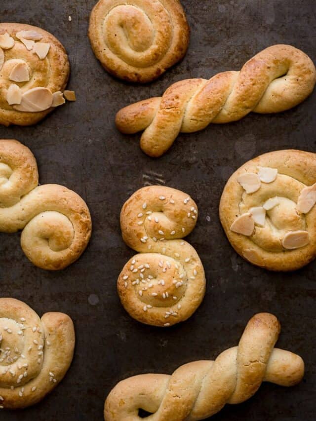 Tray of Greek Easter cookies in various shapes.