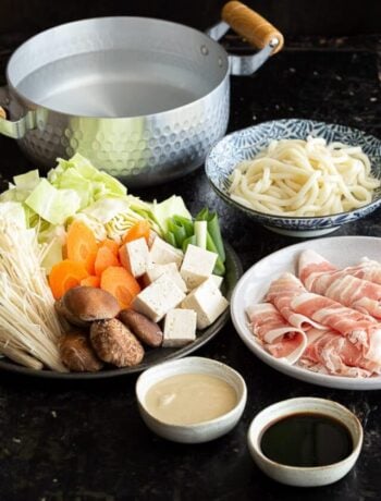 Ingredients and sauces laid out to make shabu shabu hot pot.