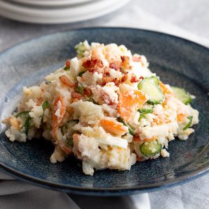 Chunky Japanese potato salad with carrot and cucumber.