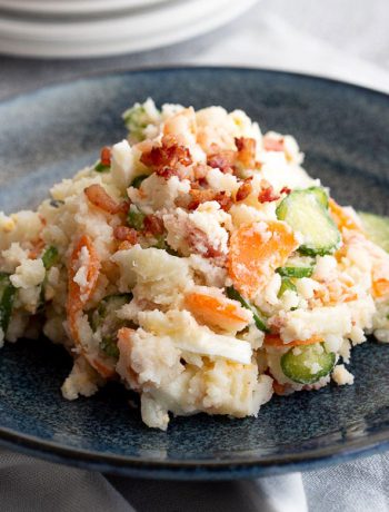Chunky Japanese potato salad with carrot and cucumber.