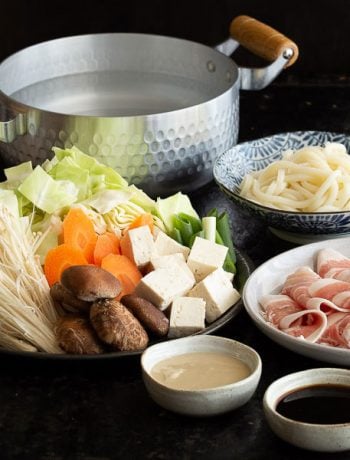 Pork, udon and vegetables all cut up and ready to eat in a shabu shabu hot pot.