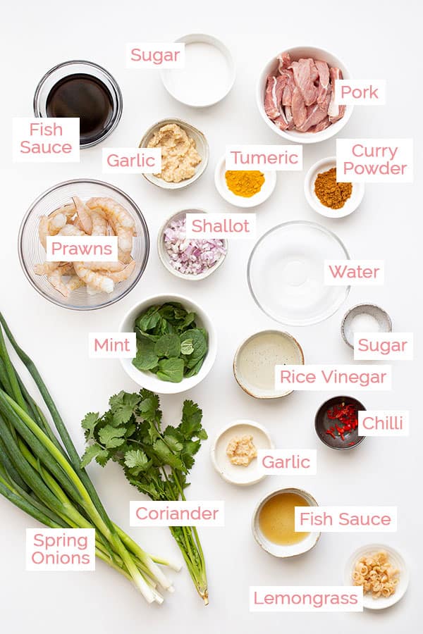Ingredients laid out for tam huu and the sweet and sour dipping sauce.