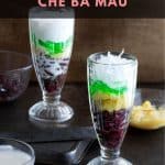 Two finished glasses of Che Ba Mau, a colourful three layered dessert.