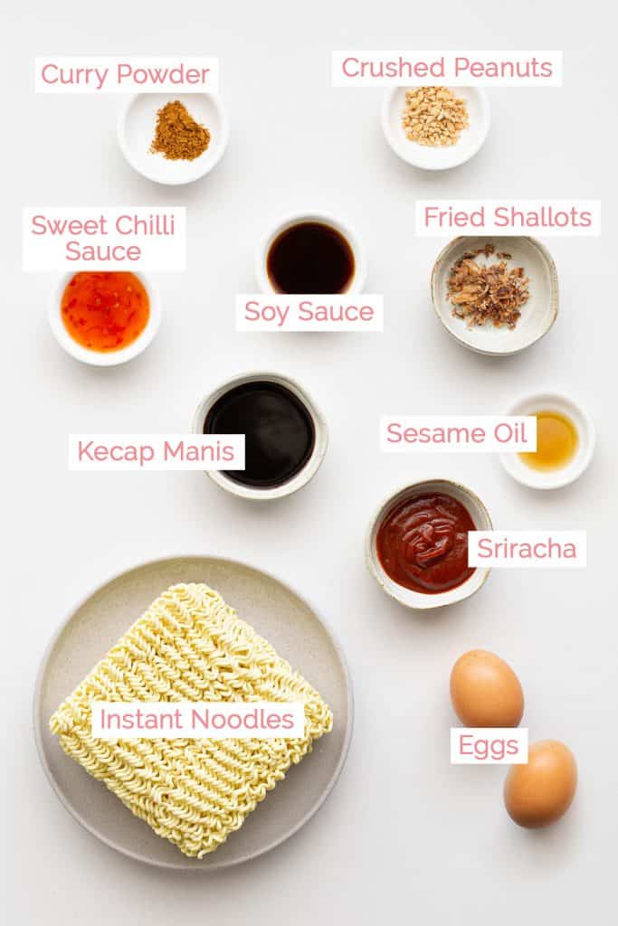 Ingredients laid out for mee goreng noodles.