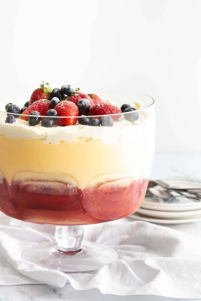 Trifle layers showed off in a trifle bowl.