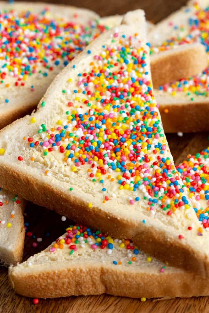 Close up of a slice of fairy bread.