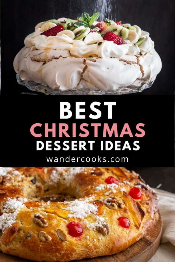 A collage of images showing pavlova and bolo rei Christmas desserts