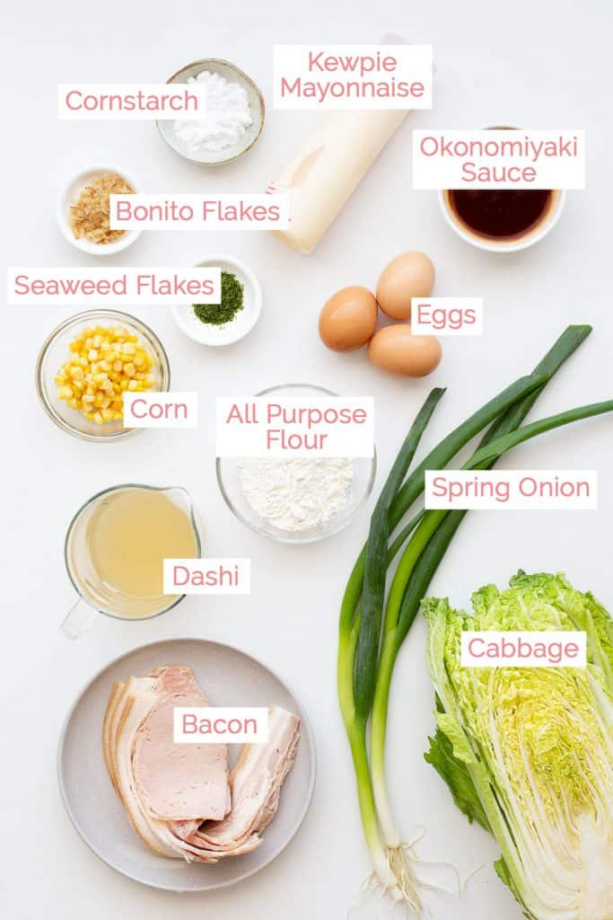 Ingredients laid out for okonomiyaki pancakes.