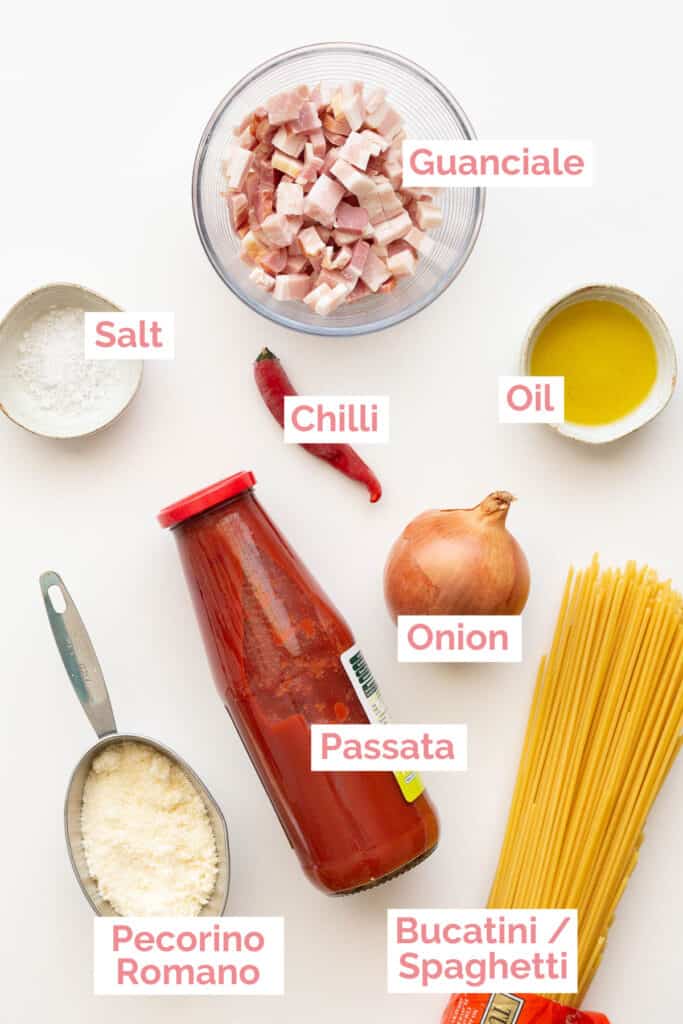 Ingredients laid out to make amatriciana pasta.