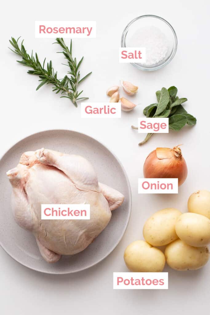 Ingredients laid out to make crispy Italian roast chicken.