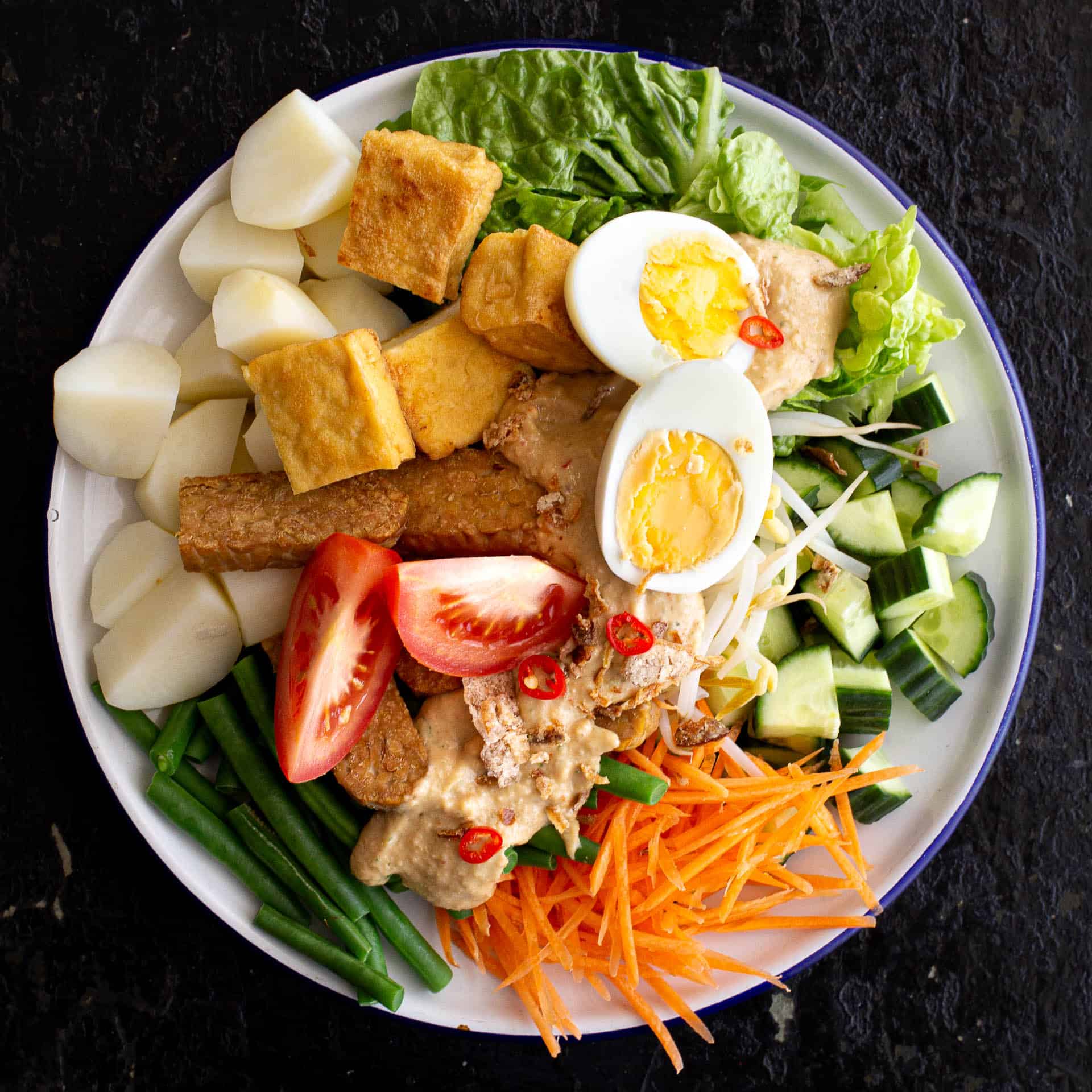 Plate of Indonesian gado gado salad.