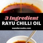 Two images of chilli oil with spoon and text overlay.