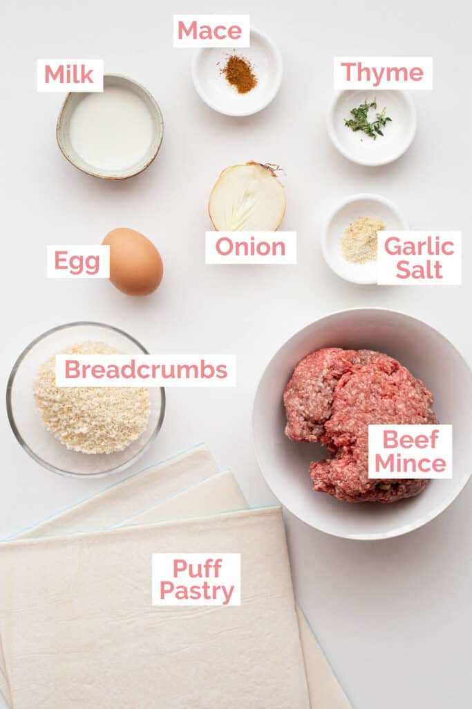 Ingredients laid out to make sausage rolls with beef.