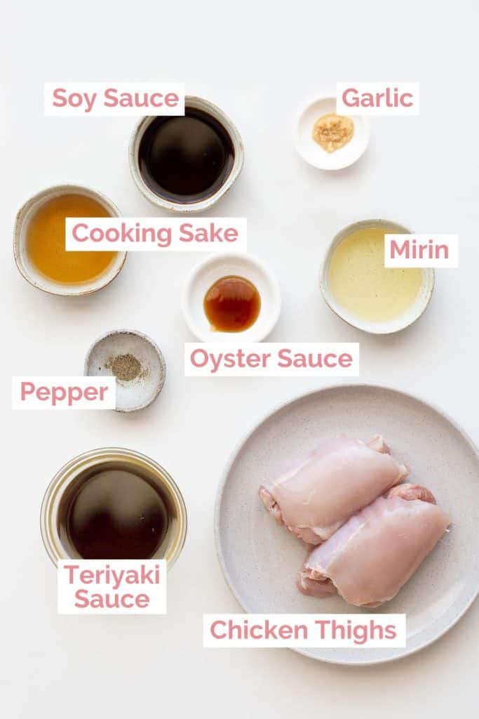 Ingredients laid out for teriyaki chicken.