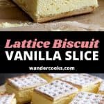 A collage of images showing vanilla slice with lattice biscuits.