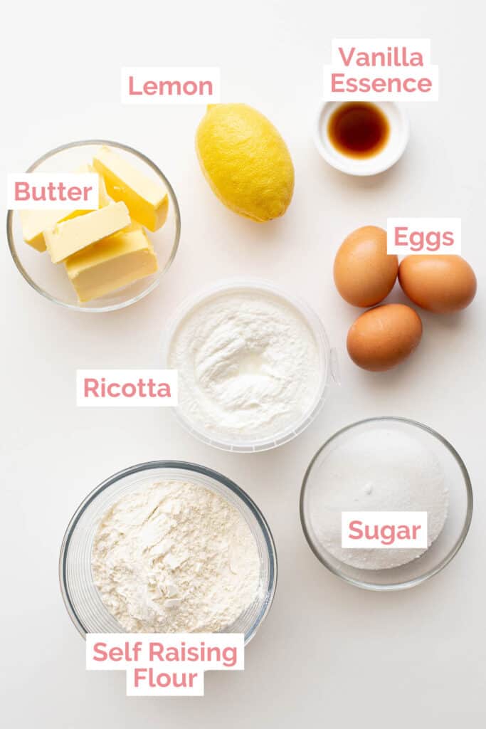 Ingredients laid out to make Lemon Ricotta Cake.