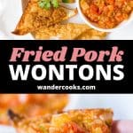 A collage of images of crispy fried pork wontons.