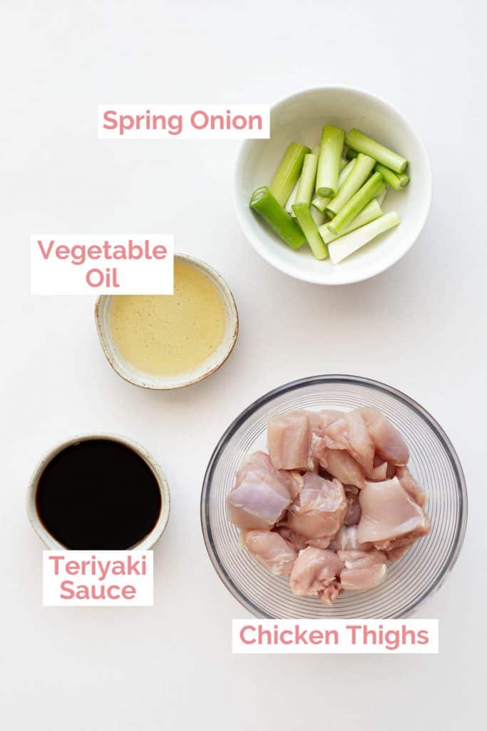Ingredients laid out to make yakitori chicken skewers.