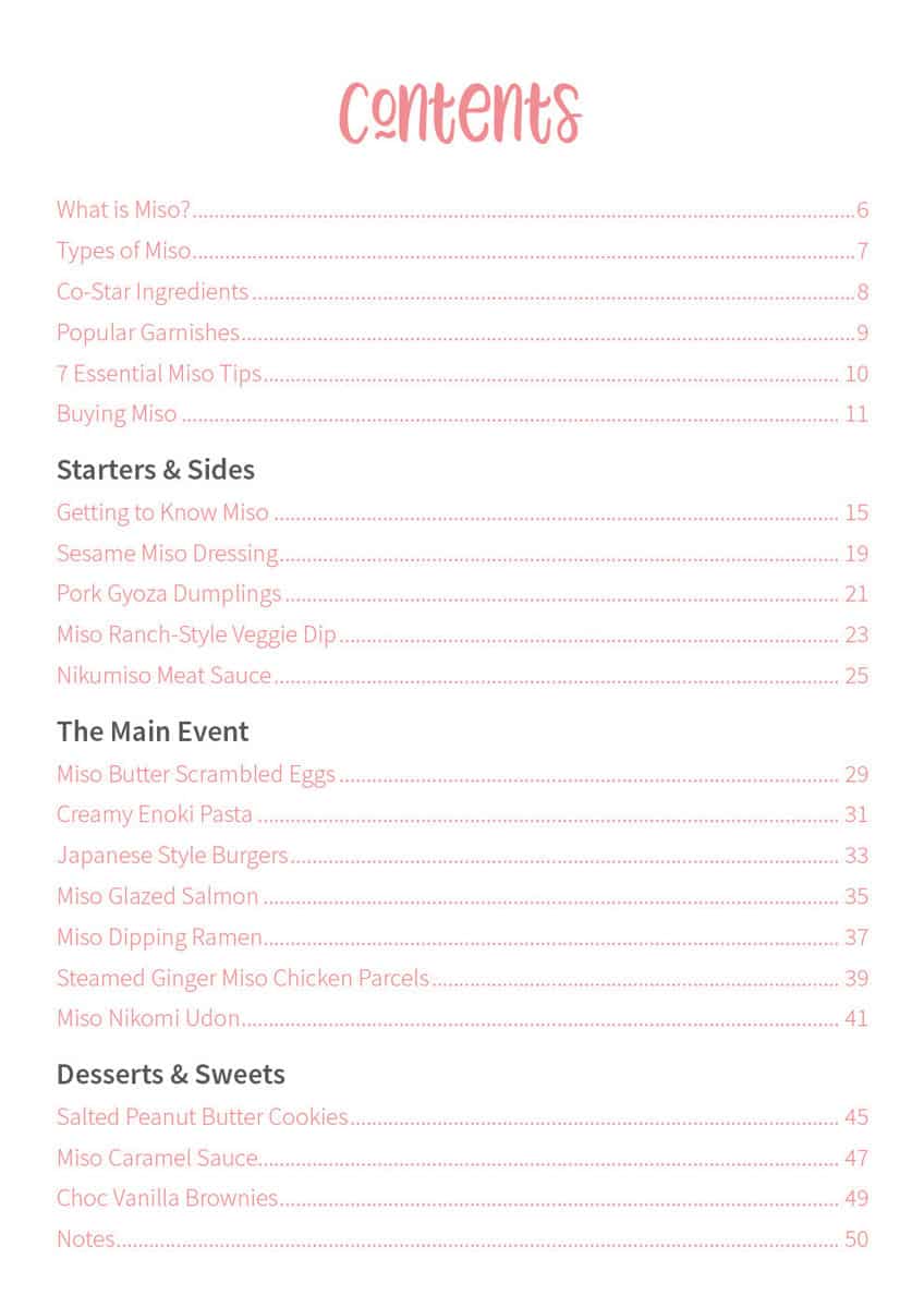 A list of contents in the Adventures with Miso eBook