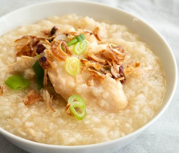 Close up of chao go - Vietnamese style chicken porridge.