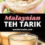 Two angles of very frothy Malaysian teh tarik.