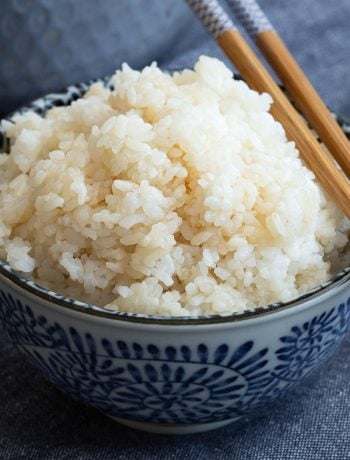 Bowl of fluffy white sushi rice made in the instant pot.