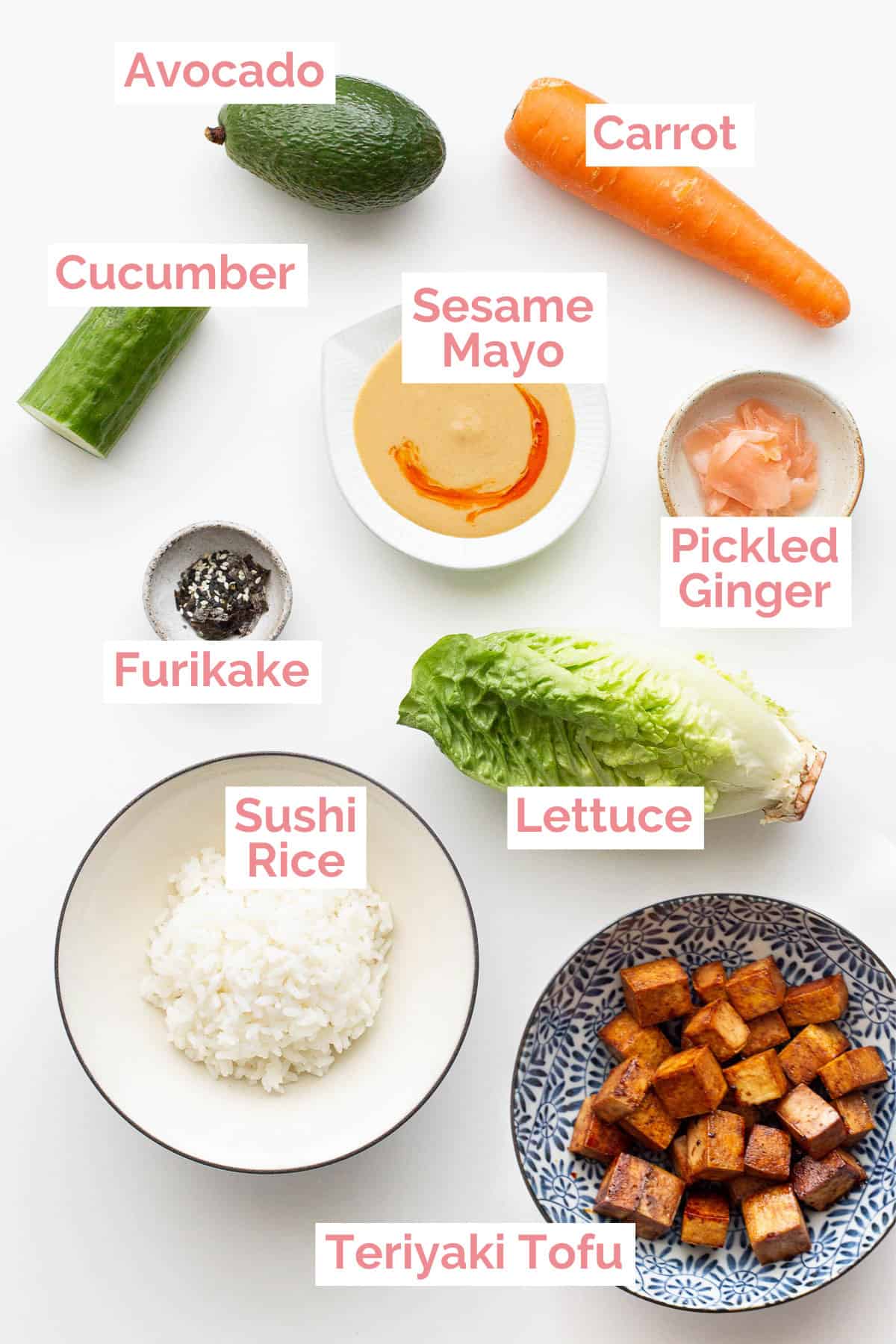 All the sushi bowl ingredients laid out.