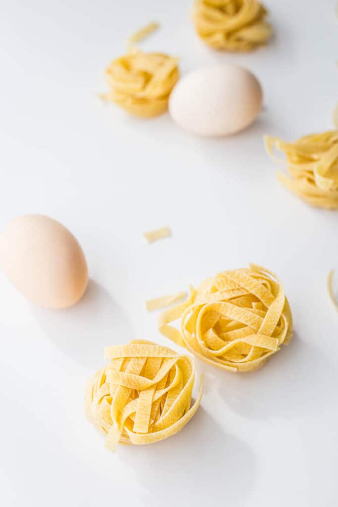 Eggs and pasta nests.
