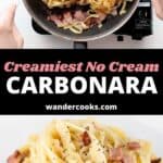 A collage of images showing carbonara pasta.