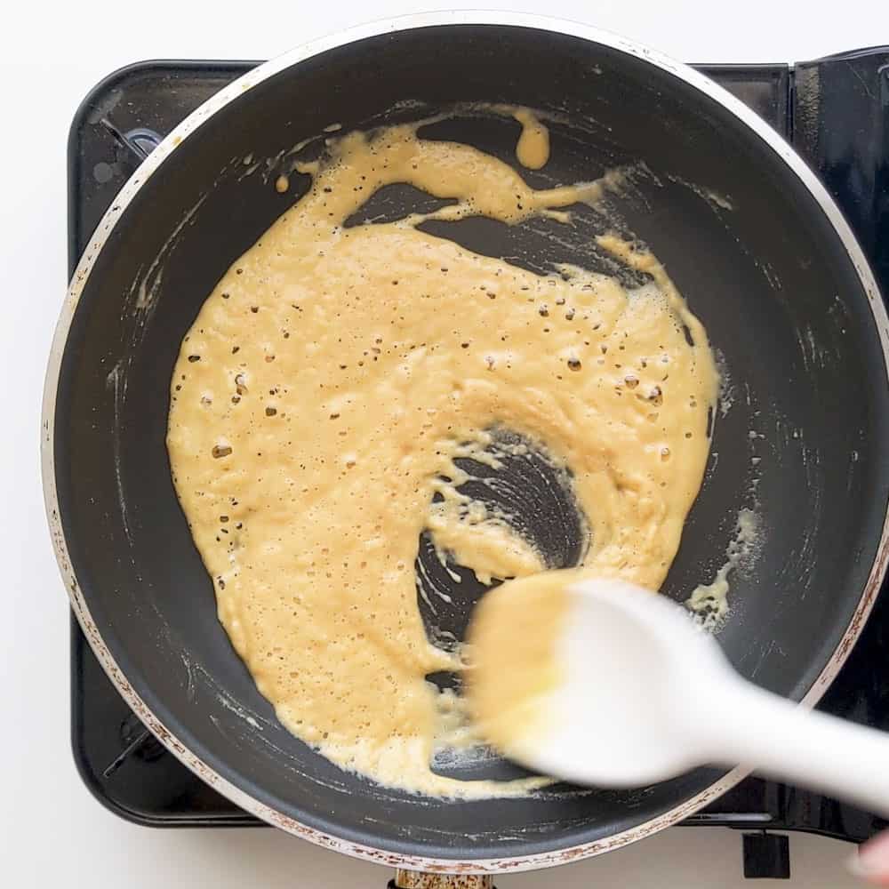 Butter and flour is light in colour as it gets mixed on a low heat.