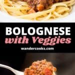 Bolognese sauce with vegetables in a bowl and on a fork.