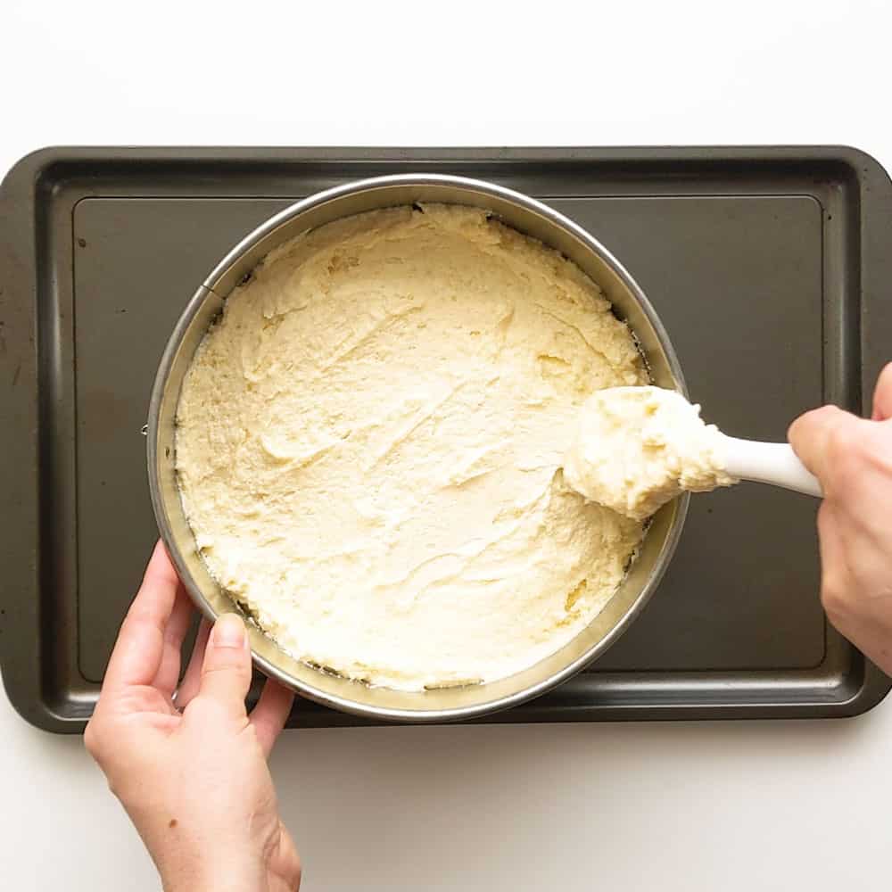Spreading the ricotta cake batter out into a springform pan.