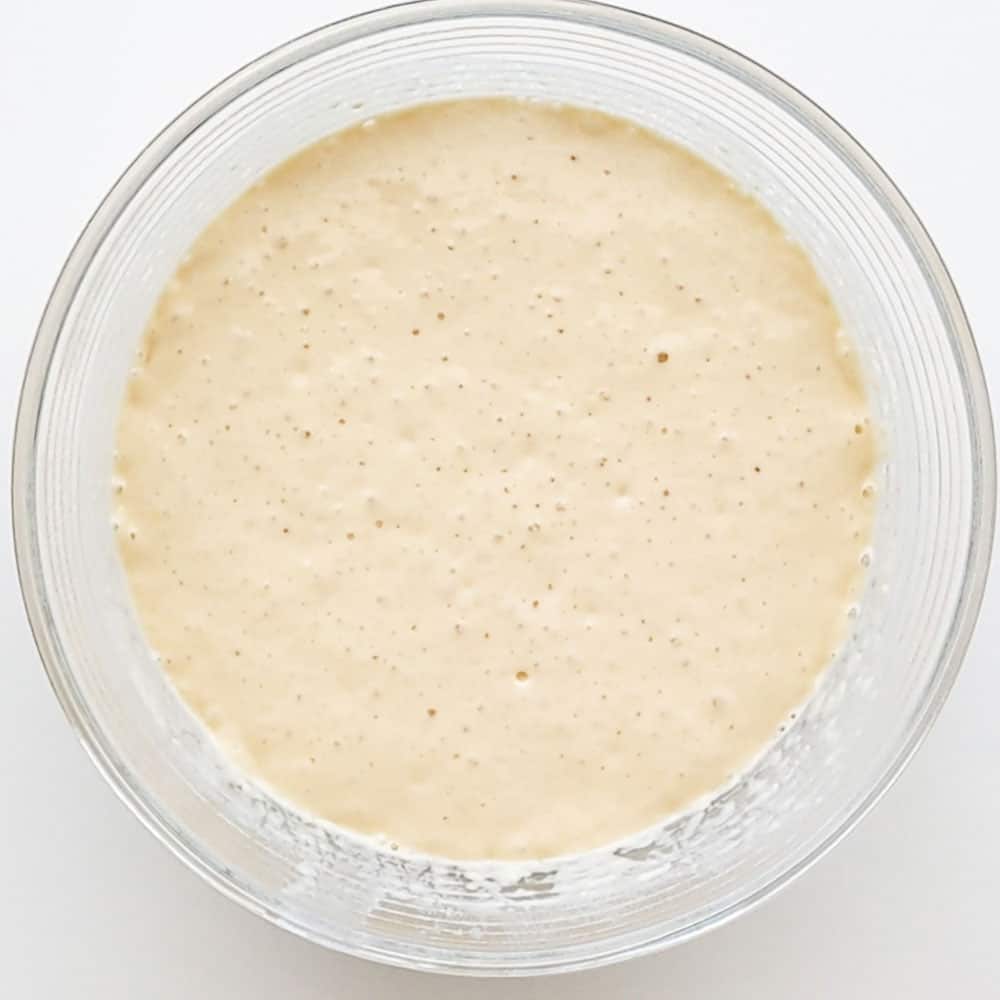 Batter doubled and showing bubbles from the activated yeast.