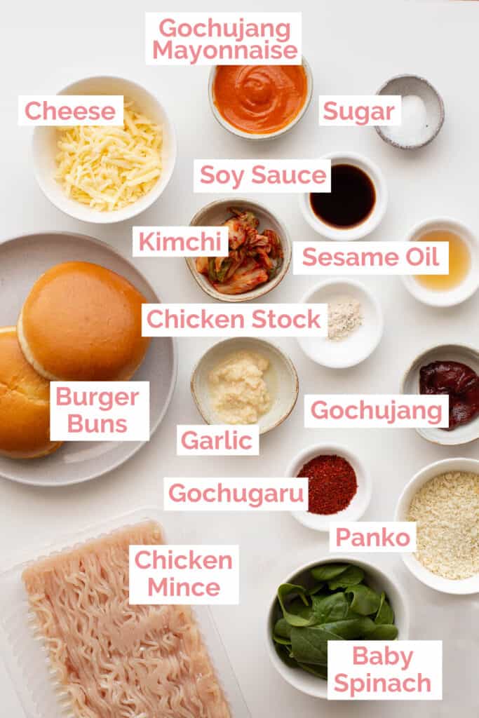 Ingredients laid out to make Korean chicken burgers.