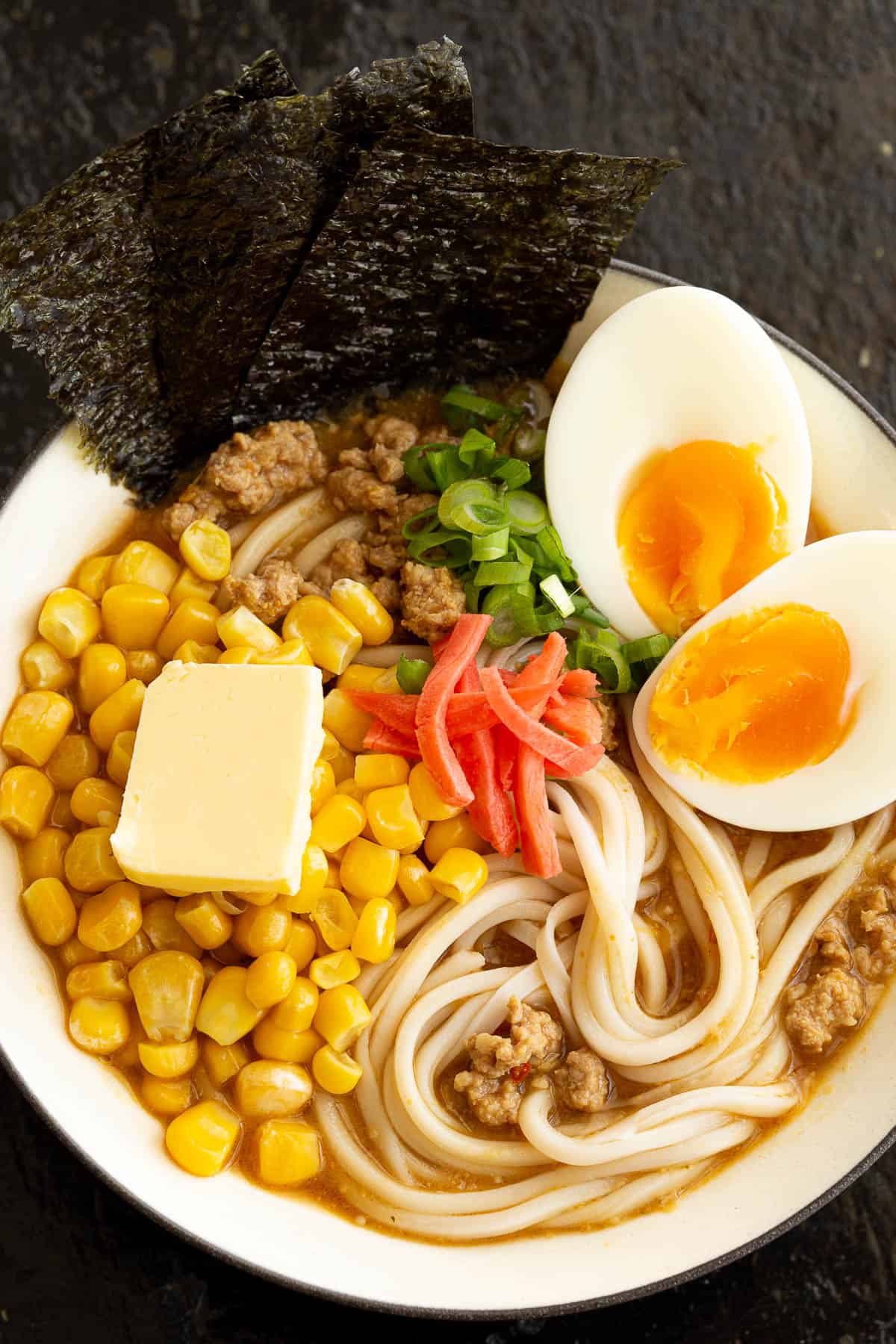 Top view of miso ramen filled with toppings.