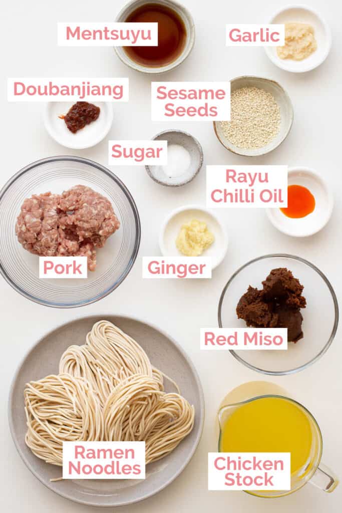 Ingredients laid out to make spicy miso ramen.