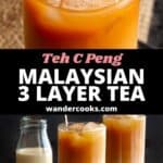 Iced tea and glasses of teh c peng, ready to drink.