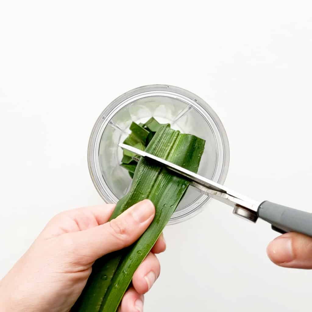 Cutting pandan leaves into the blender.