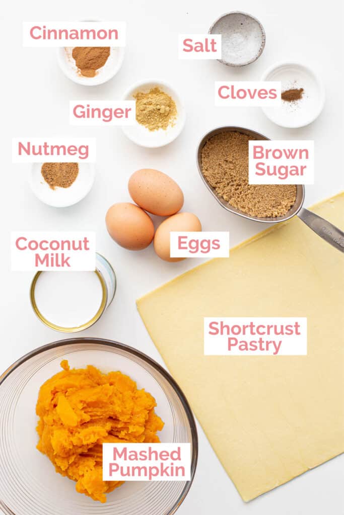 Ingredients laid out for pumpkin pie.