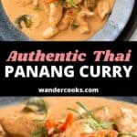 Top and close up view of a large bowl of Thai Panang Curry with chicken.