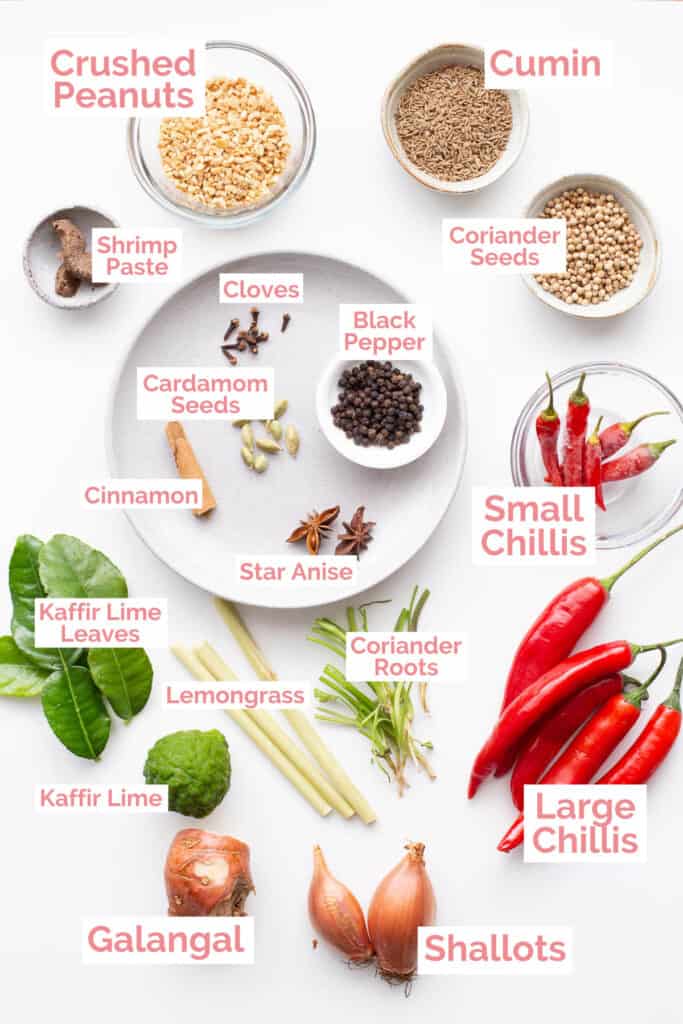 Ingredients laid out to make Panang curry paste.