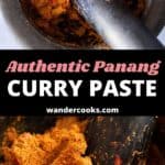 Vibrant Panang curry paste in a mortar and pestle.