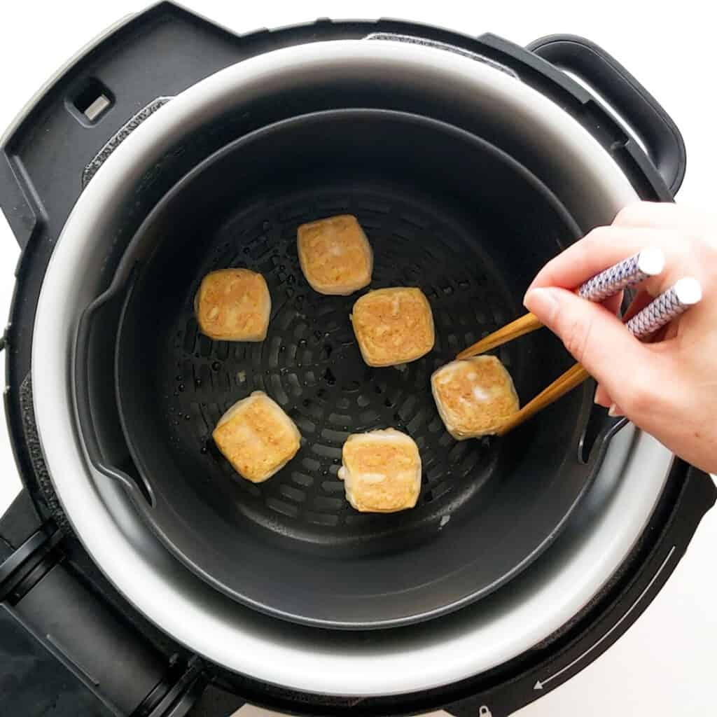 Frying agedashi tofu in air fryer.