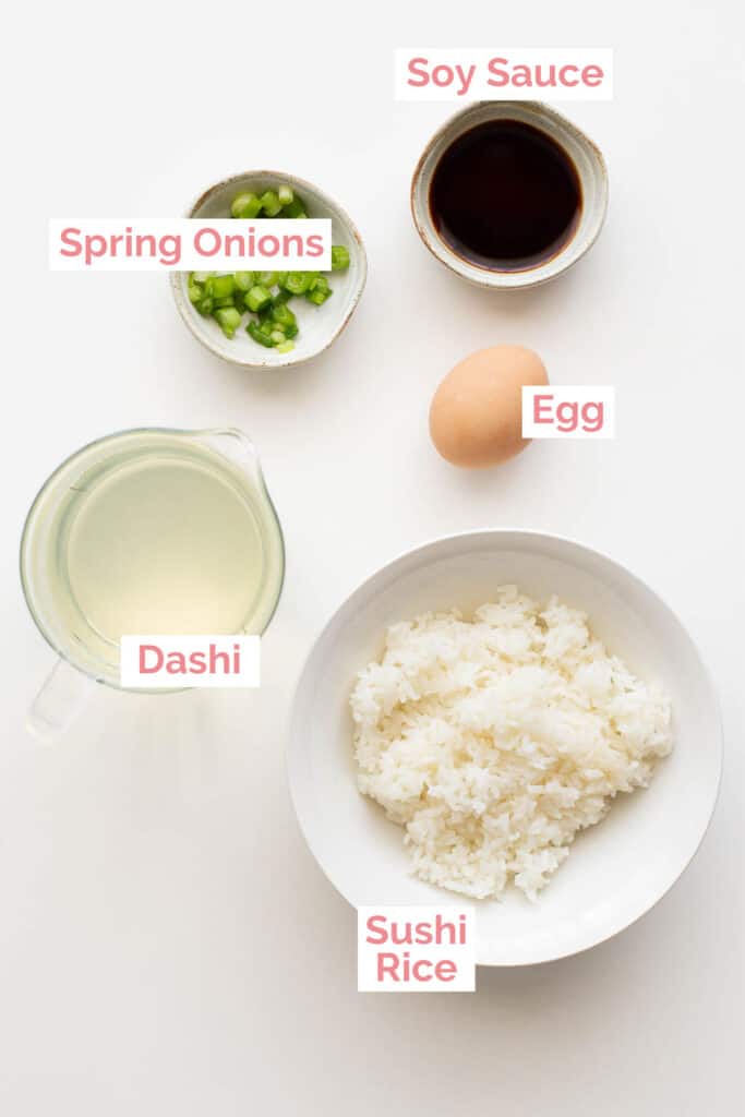 Ingredients laid out to make Japanese rice soup.