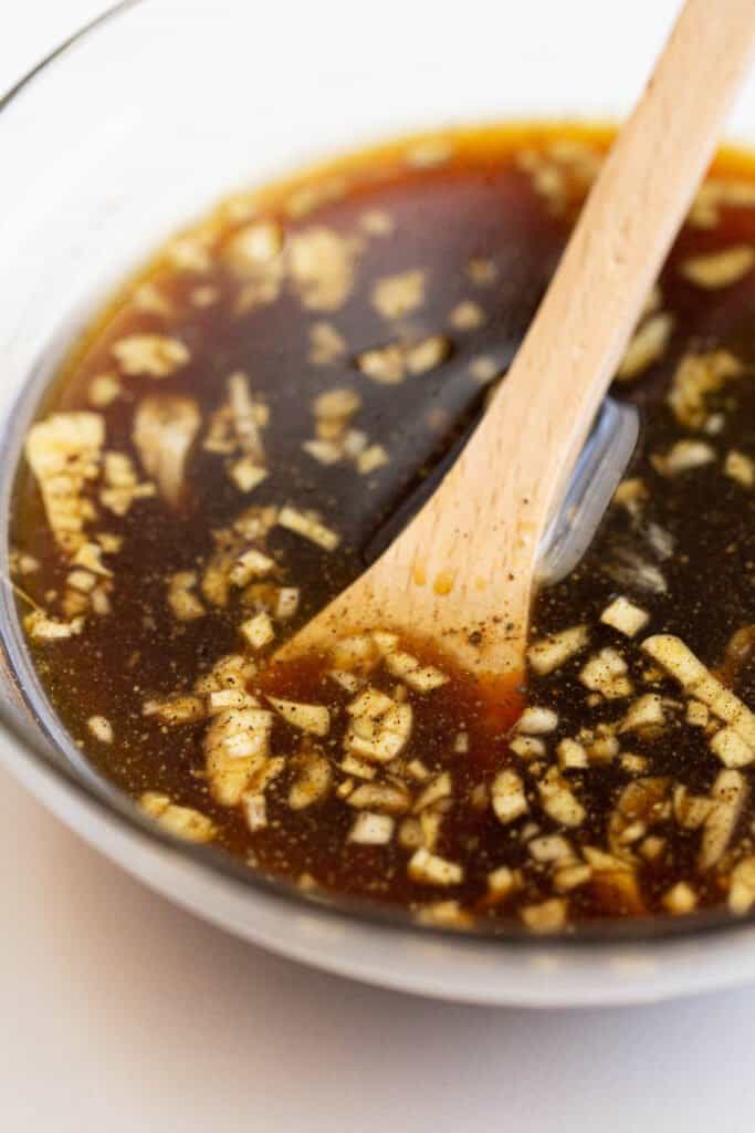 Wooden spoon in homemade bulgogi sauce.