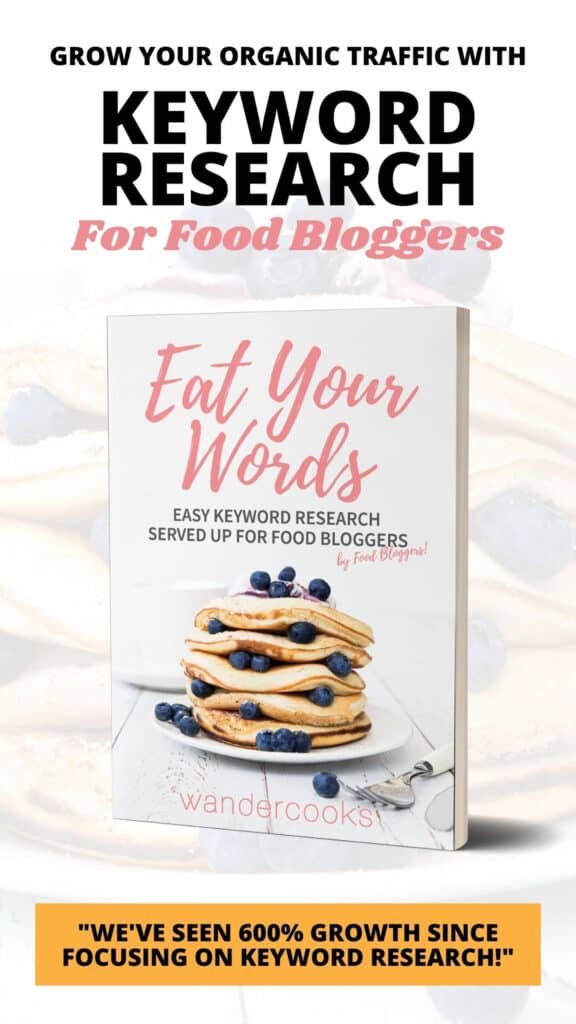 Mockup of keyword research ebook for food bloggers with text overlay.